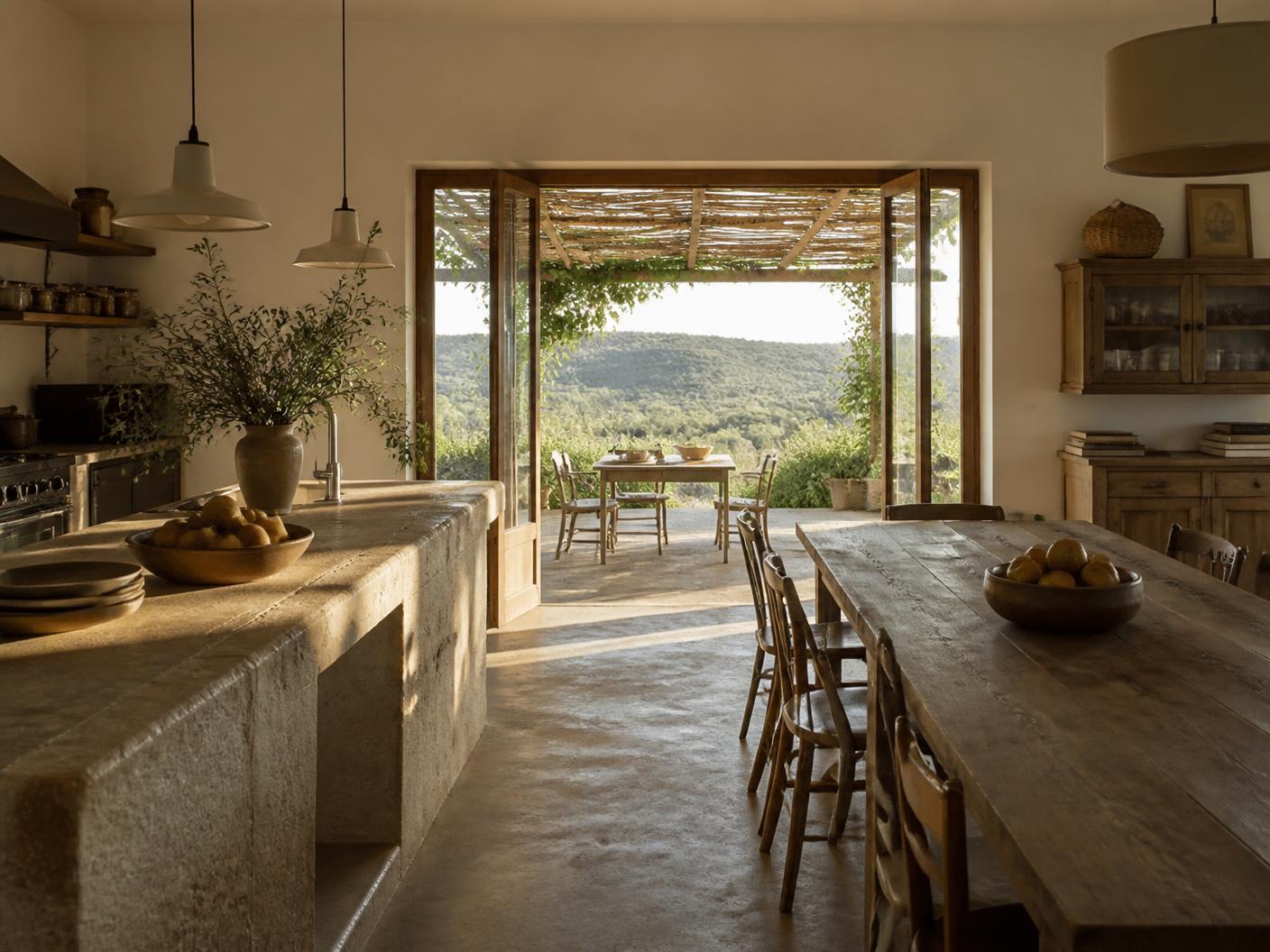 Cozinha com bancada de pedra e mesa comprida de madeira, com portas abertas para um terraço sobre o vale.