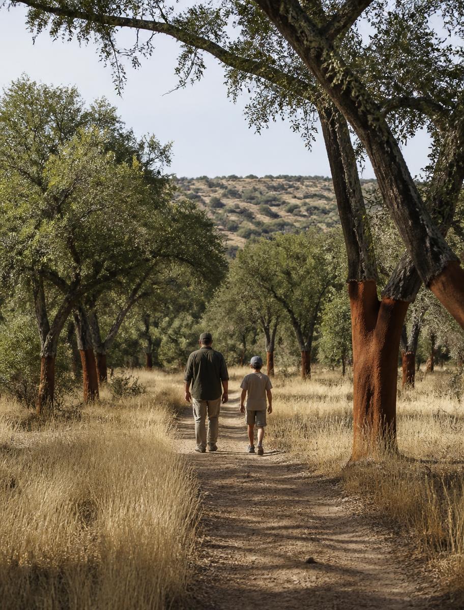 Duas pessoas de costas a caminhar por um carreiro de terra entre sobreiros.