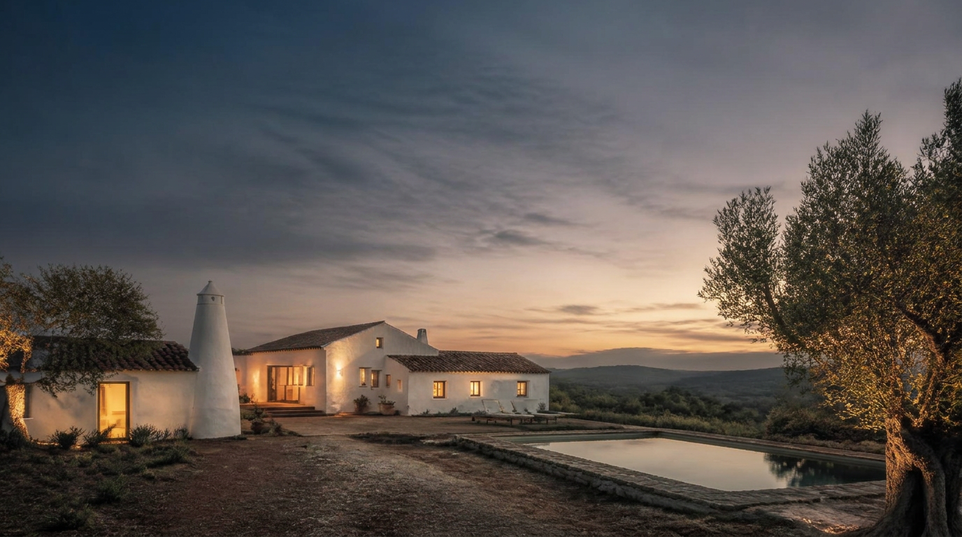 A propriedade da Casa Nativa ao anoitecer, com luz quente nas janelas, oliveiras e uma piscina discreta a reflectir o céu.