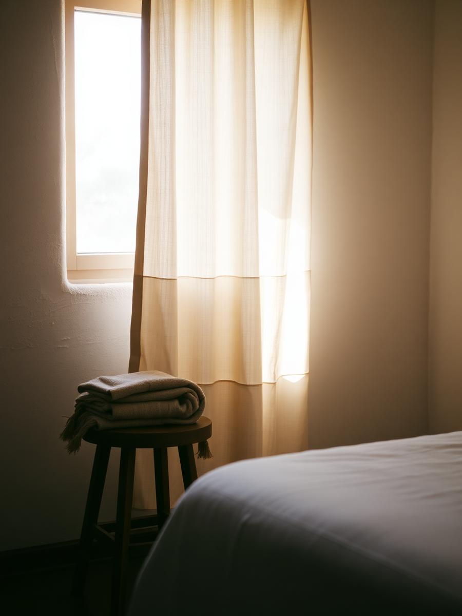 Luz da manhã sobre uma cortina de linho e uma parede rebocada a cal, num quarto simples.