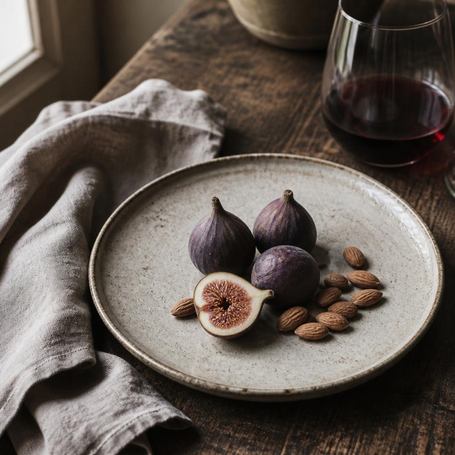 Prato de cerâmica com figos e amêndoas sobre uma mesa de madeira, junto a um copo de vinho.