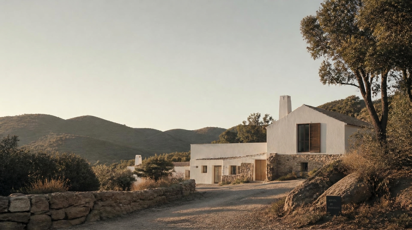 Casas caiadas da Casa Nativa entre oliveiras e colinas, ao fim da tarde, com um caminho de saibro a conduzir à entrada.
