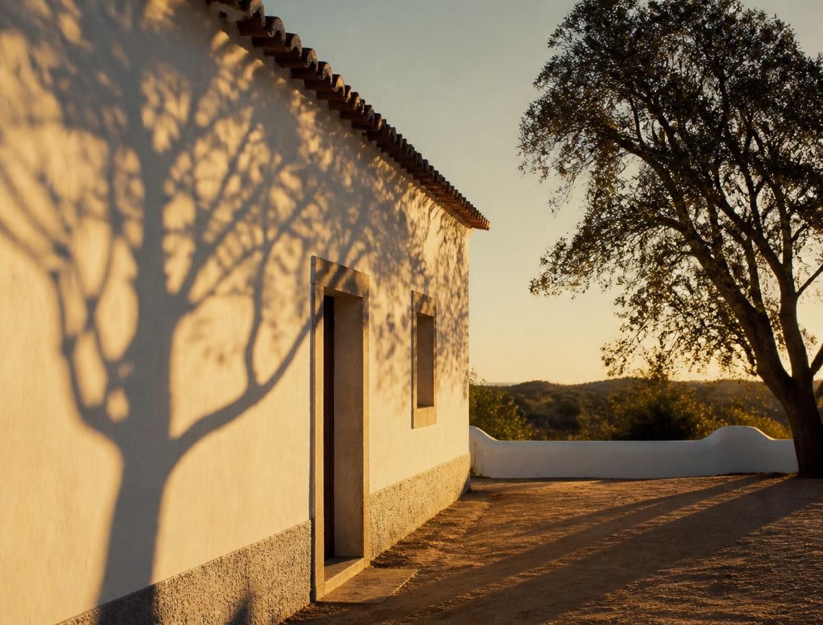 Sombra comprida de uma árvore projectada numa parede caiada, ao sol dourado do fim da tarde.