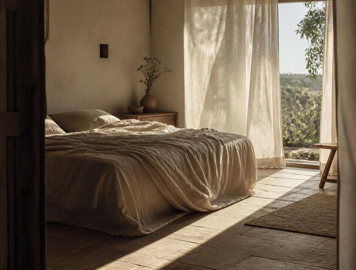 Quarto de paredes claras com luz da manhã a atravessar cortinas de linho sobre roupa de cama amarrotada.