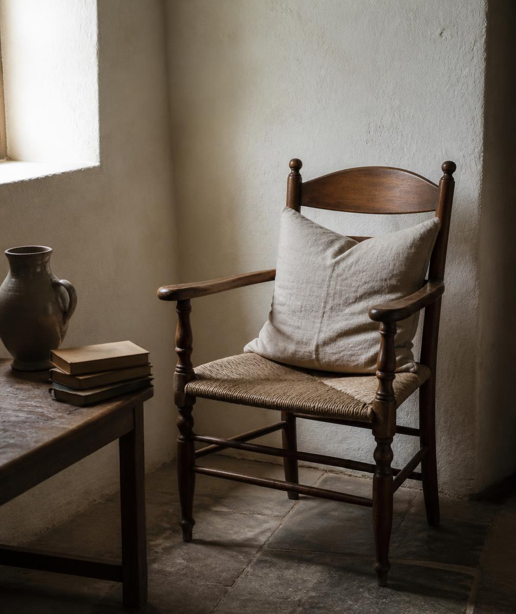 Cadeira de madeira antiga com almofada de linho, jarro de cerâmica e livros junto a uma janela.
