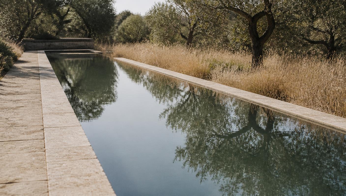 Piscina exterior estreita de água parada, rodeada de pedra clara, ervas secas e oliveiras.