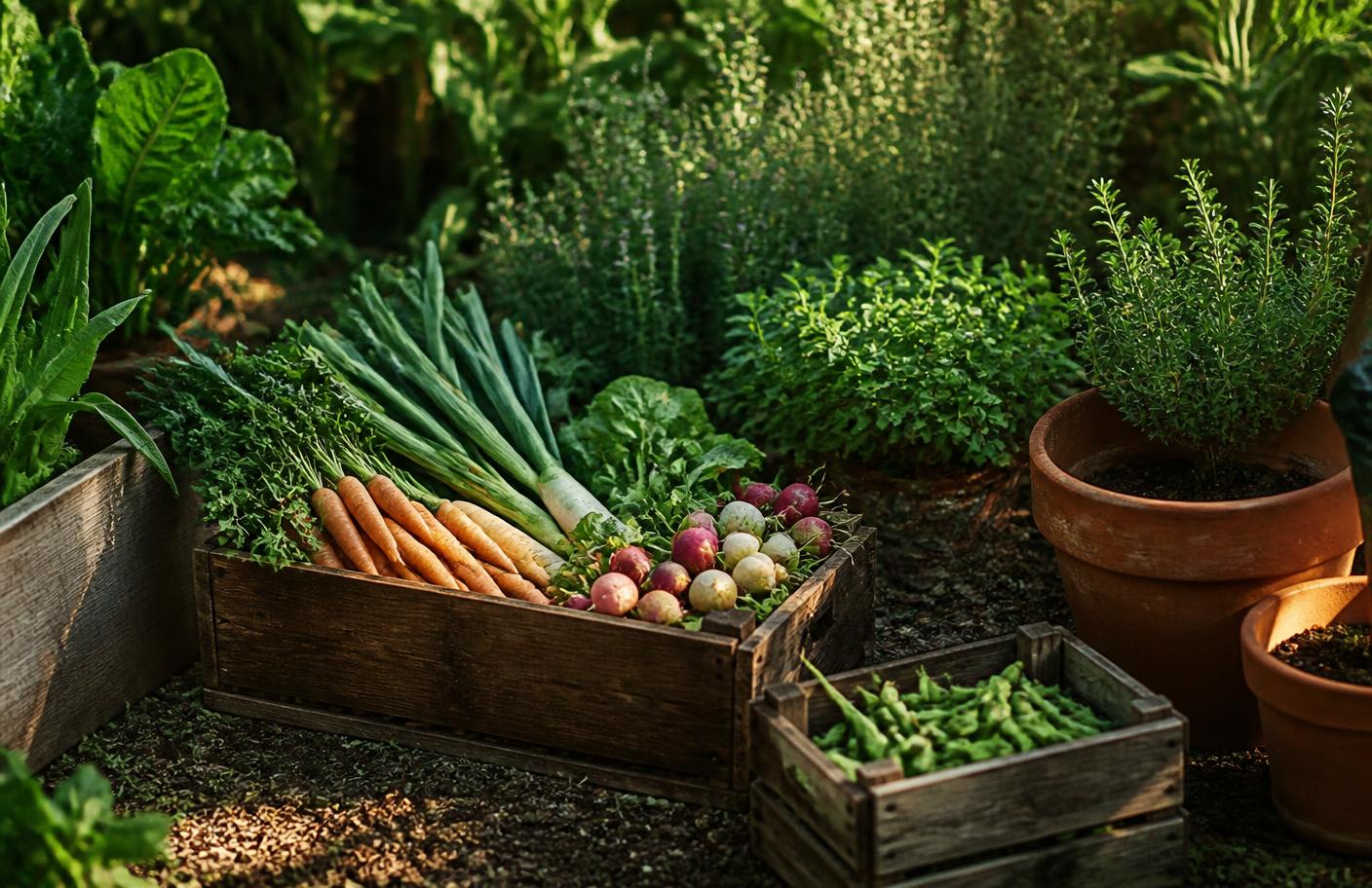 Caixas de madeira com legumes e ervas acabados de colher numa pequena horta, ao sol da manhã.