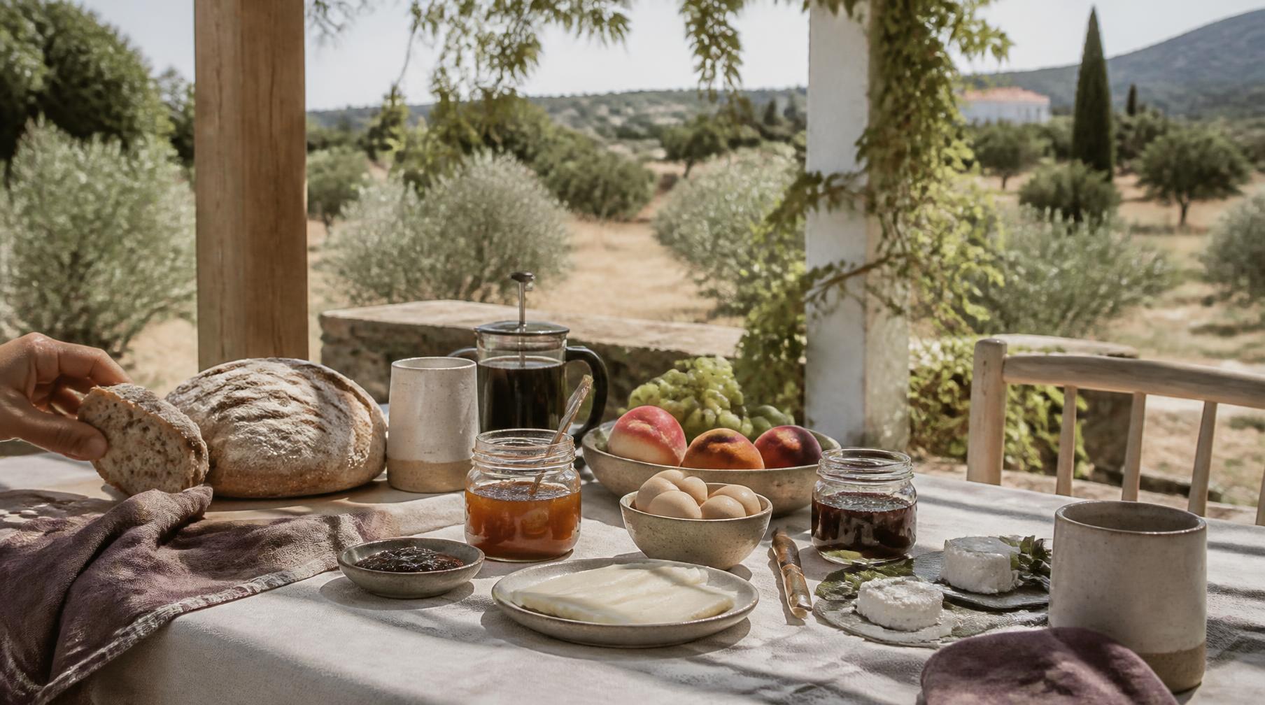 Mesa de pequeno-almoço no exterior, com pão, fruta, compotas, ovos, queijo e café, sob uma pérgola virada para o olival.
