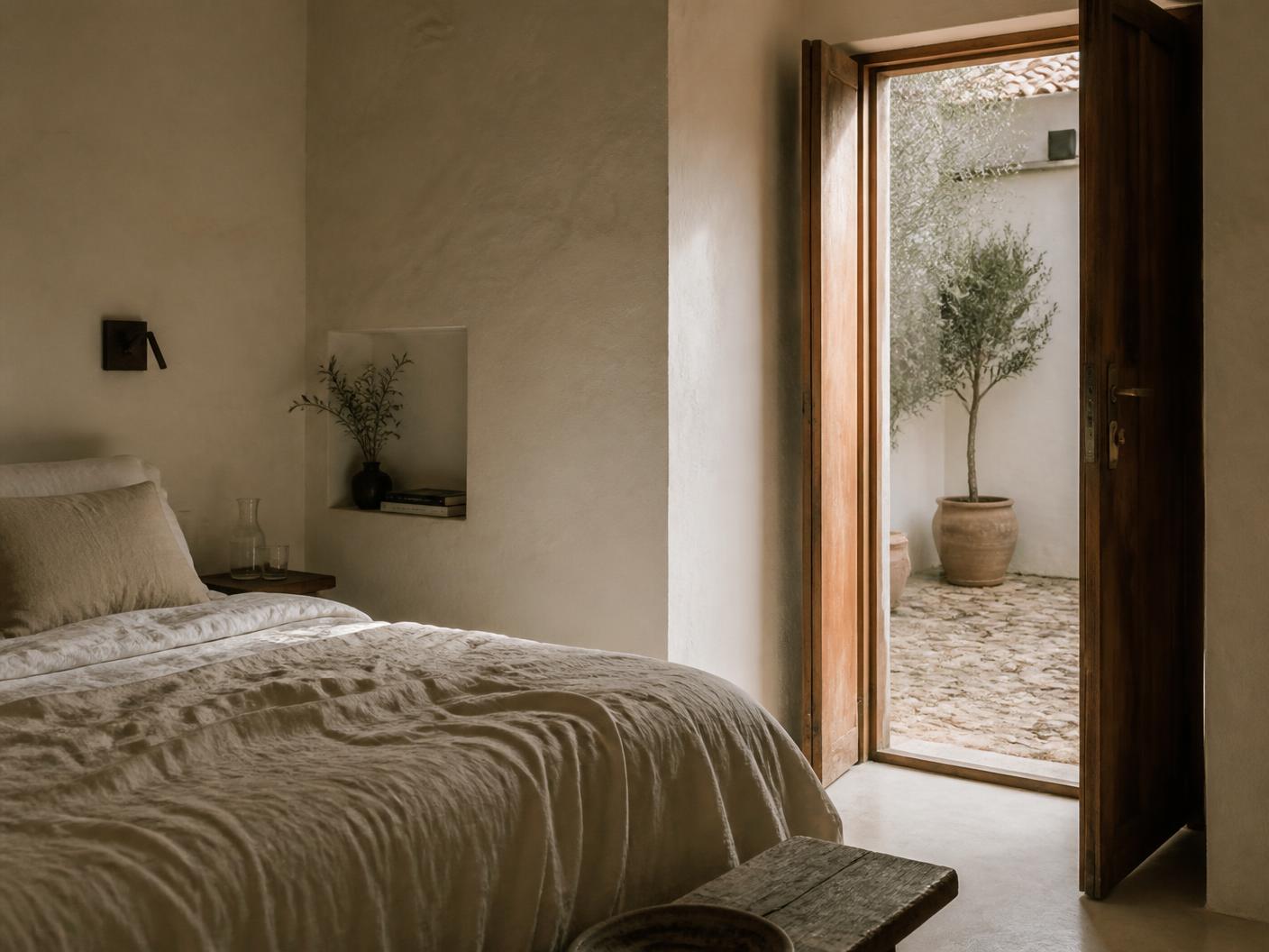Quarto com roupa de cama de linho e porta de madeira aberta para um pátio interior em pedra.